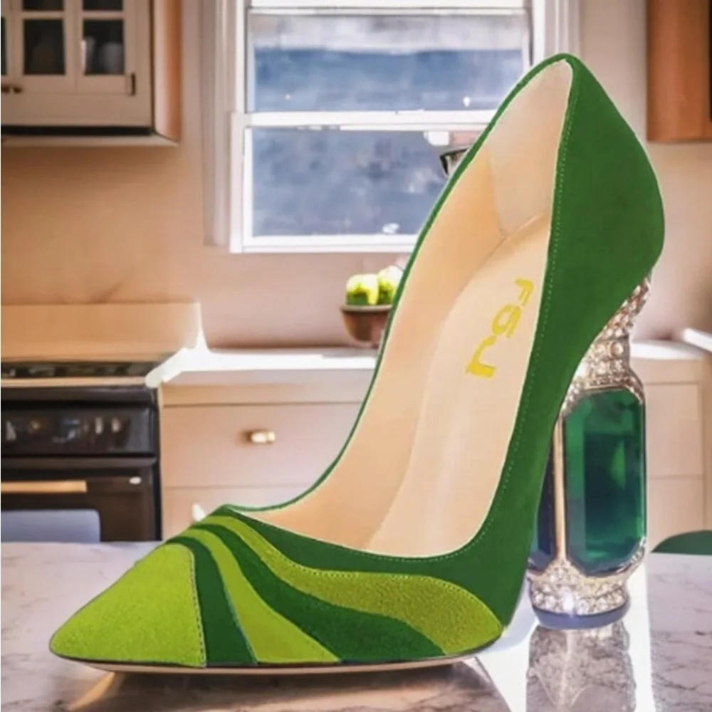 FSJ Women Bridal Pointed Toe Chunky Block High Heel Crystal Pumps Slip on - Picture 2 of 6